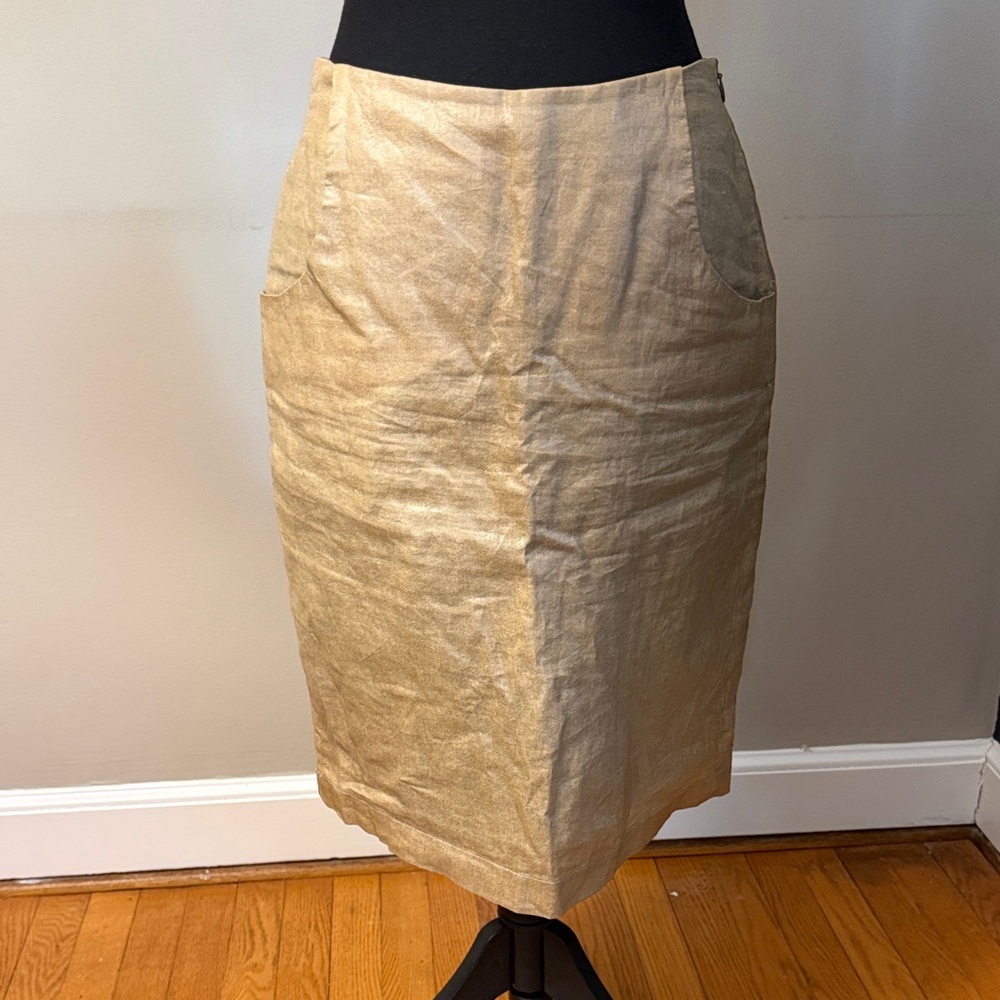Casch  Metallic Gold Pencil Skirt Size 36 Linen Blend Minimalist Chic 4-6 us